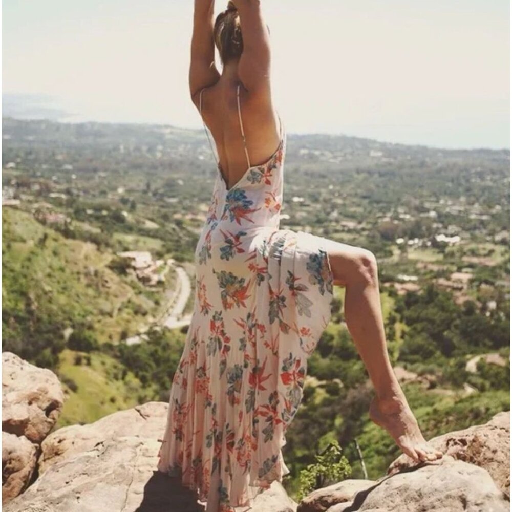Free People Star Chaser Floral Low Back Flowy Maxi Dress Peach Hibiscus Combo S